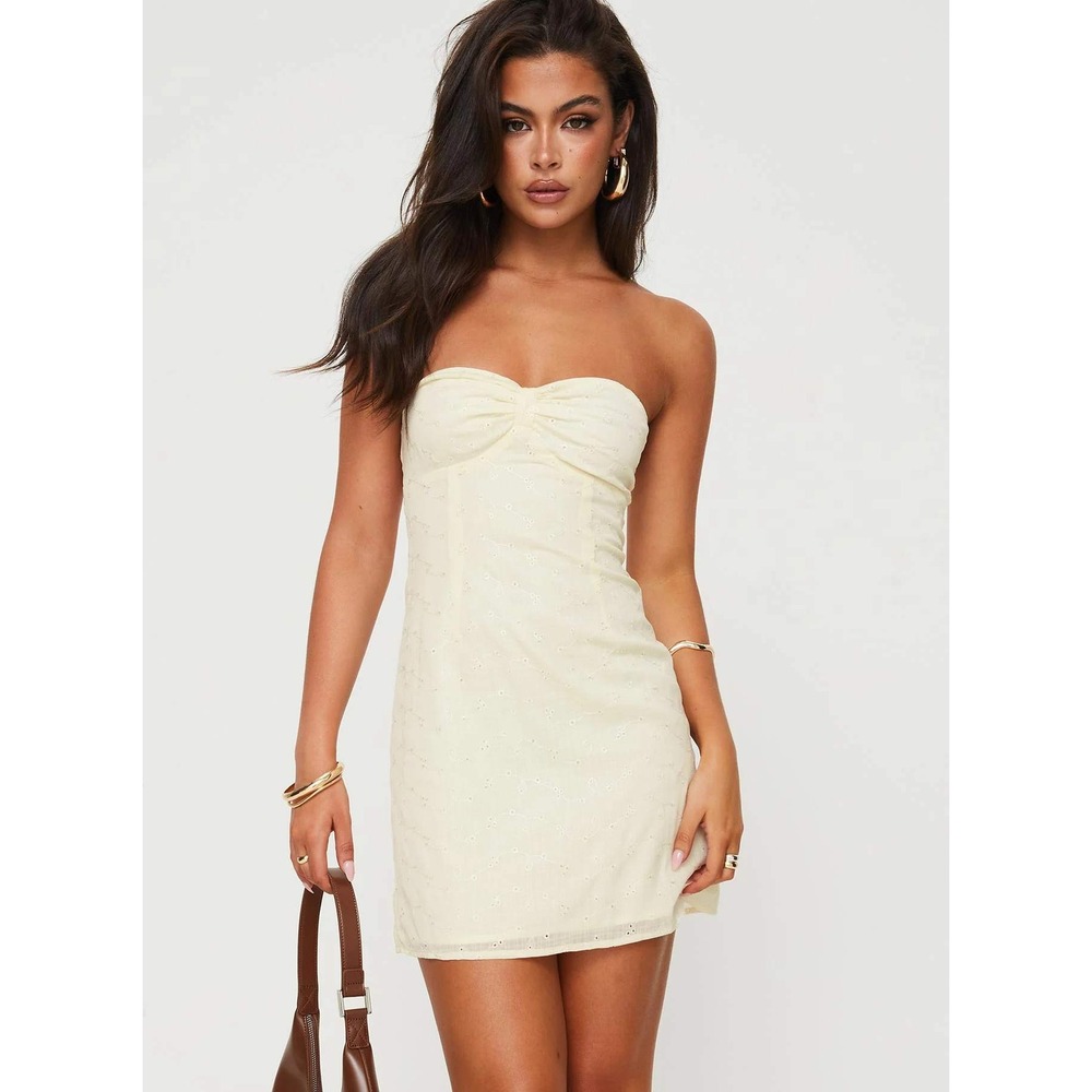 Princess Polly Melana Strapless Mini Dress Size 6 Butter Yellow Cream Eyelet